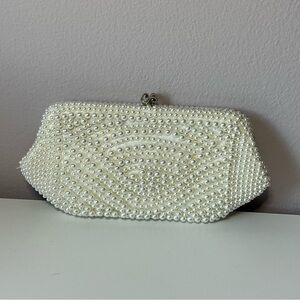 Vintage Faux Pearl-Embellished Snap Close Clutch made in Japan